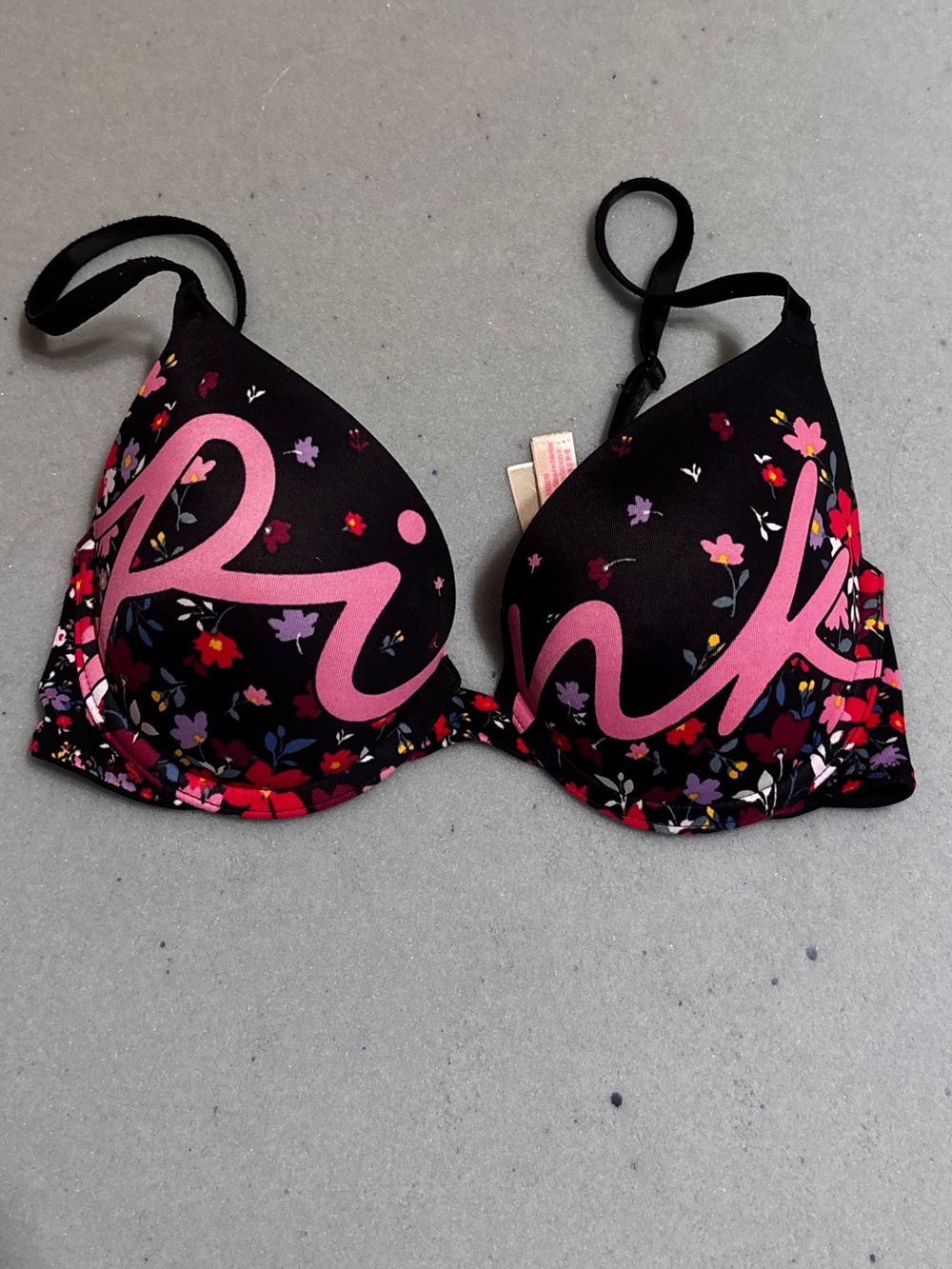 PINK Victoria's Secret Black Floral Push-Up Bra with Pink Script